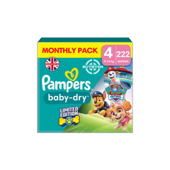 Pampers Baby-Dry Paw Patrol Edition Size 4 - Pack of 222 Nappies (9-14kg), featuring the fun Paw Patrol designs and packaging.