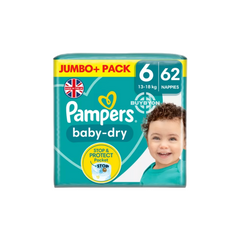 Pampers Baby-Dry Size 6 Nappies Jumbo+ Pack, displaying the design and packaging for reliable, all-day and night protection for children over 15kg.