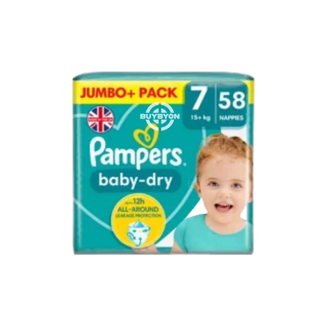 Pampers Baby-Dry Size 7 Nappies Jumbo+ Pack, featuring the design and packaging for reliable, overnight protection for children over 16kg.