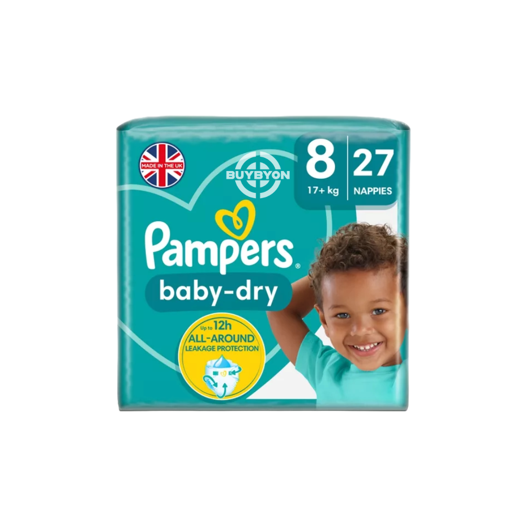 Pampers Baby-Dry Size 8 Nappies Jumbo+ Pack, displaying the design and packaging for reliable, long-lasting protection for children over 18kg.