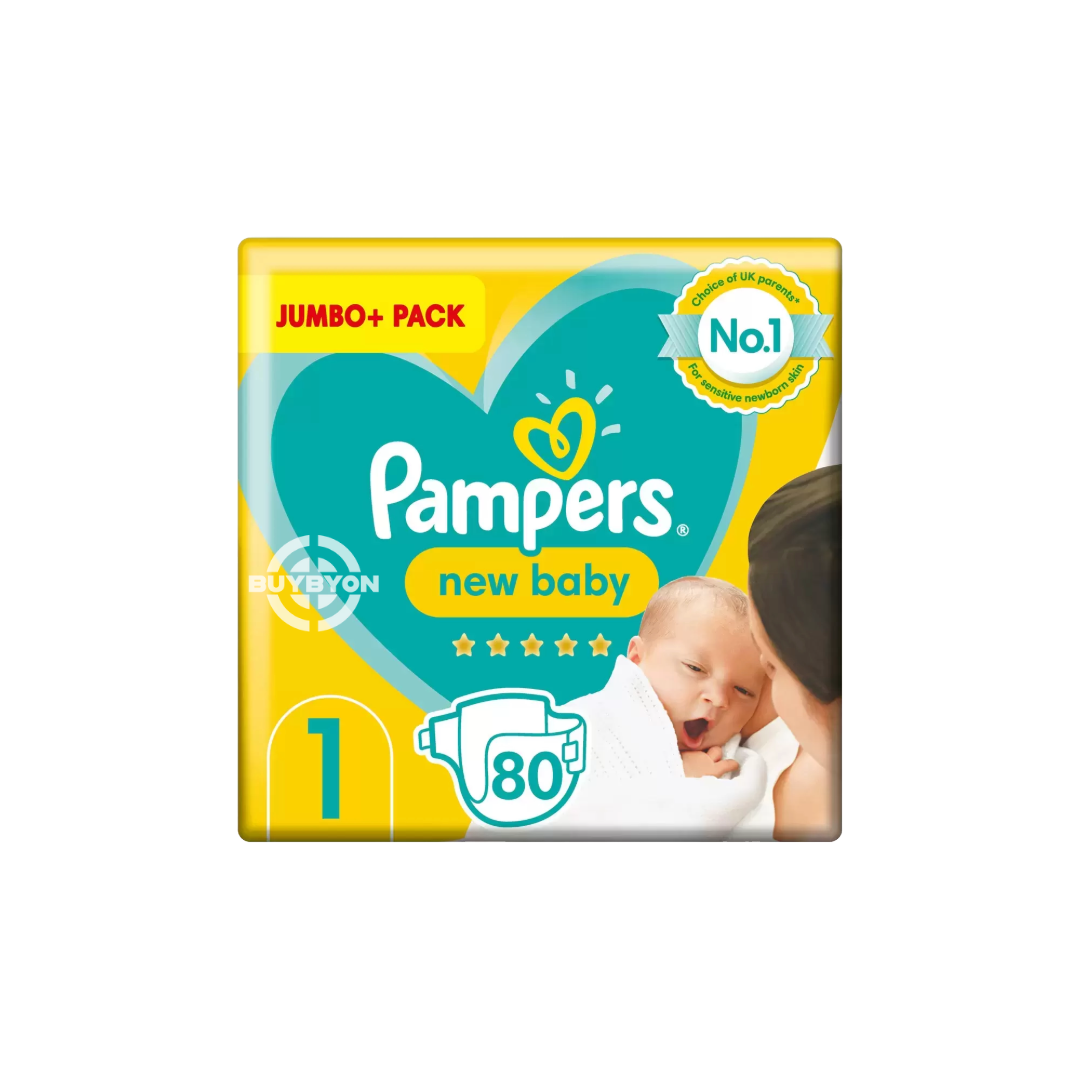 Pampers New Baby Nappies Size 1 - Jumbo+ Pack of 80, featuring the packaging and design, ideal for newborns with superior comfort and absorbency.