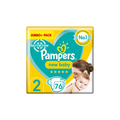 Pampers New Baby Nappies Size 2 - Jumbo Pack of 76, showing the packaging and nappies designed for newborns.