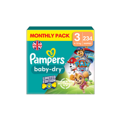 Pampers Paw Patrol Baby Dry Nappies Size 3 - Pack of 234, featuring Paw Patrol designs and packaging, ideal for toddlers.