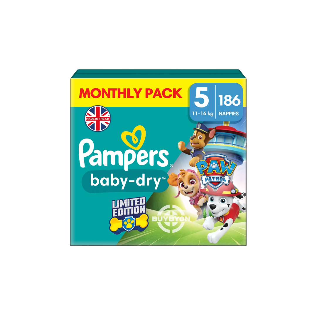 Pampers Paw Patrol Baby Dry Nappies Size 5 - Pack of 186, showcasing the Paw Patrol designs and packaging, suitable for toddlers weighing 11-16kg.