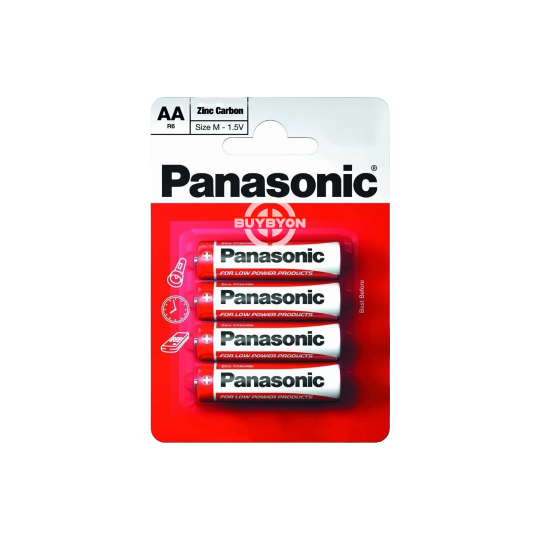 Panasonic Zinc Carbon AA Batteries - 4 Pack, providing reliable power for low-drain devices with a long shelf life and consistent performance. Ideal for everyday use in remote controls, clocks, and flashlights.