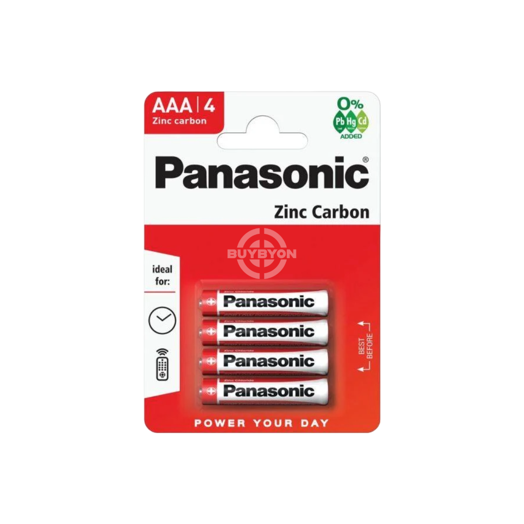 Panasonic Zinc Carbon AAA Batteries - 4 pack, designed for reliable power and long-lasting performance in low-drain devices like remotes and clocks.