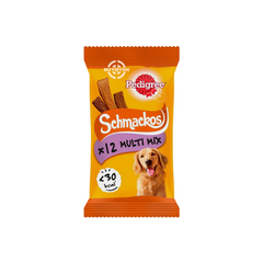 Pedigree Schmackos Adult Dog Treats Multi Mix - 86g pack, featuring 12 strips of tasty, multi-flavour treats for rewarding dogs. Available across the UK at Buybyon