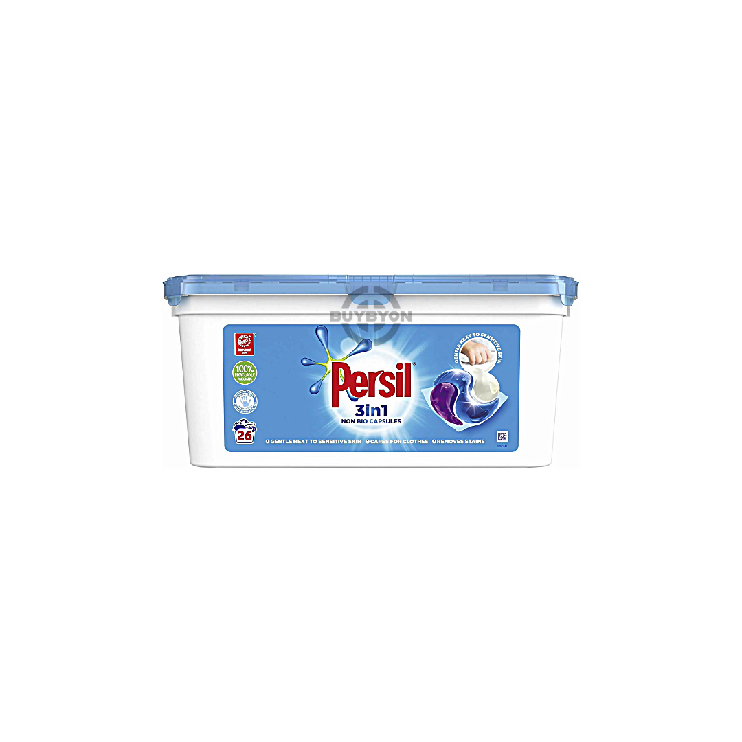 Persil 3 in 1 Washing Capsules Non Bio - 26 Washes pack, offering powerful stain removal, fabric care, and freshness in convenient pre-measured capsules. Ideal for sensitive skin and delicate fabrics, ensuring a thorough and gentle clean with every wash.