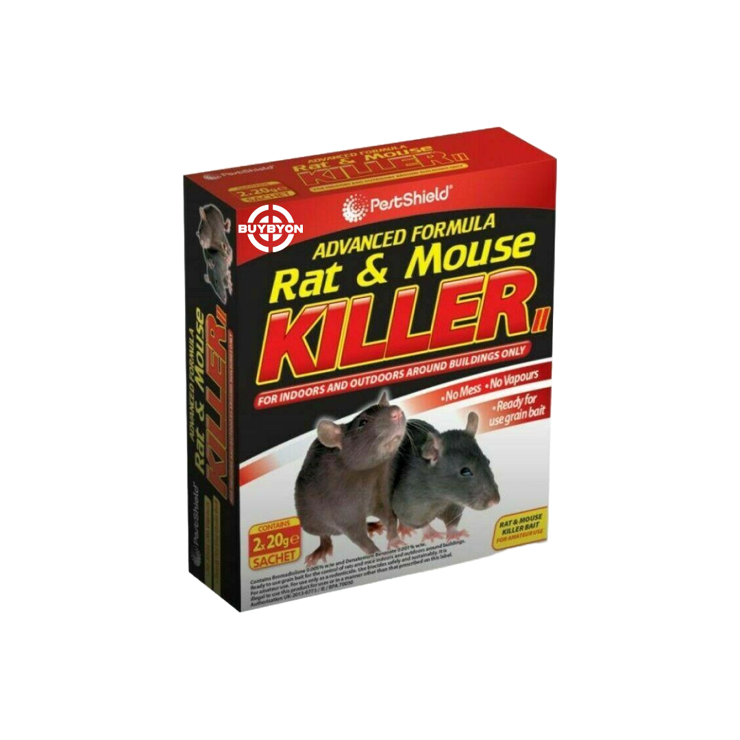 Pestshield Rat and Mouse Killer - 2 x 20g pack, featuring bait stations for effective rodent control, suitable for indoor and outdoor use.