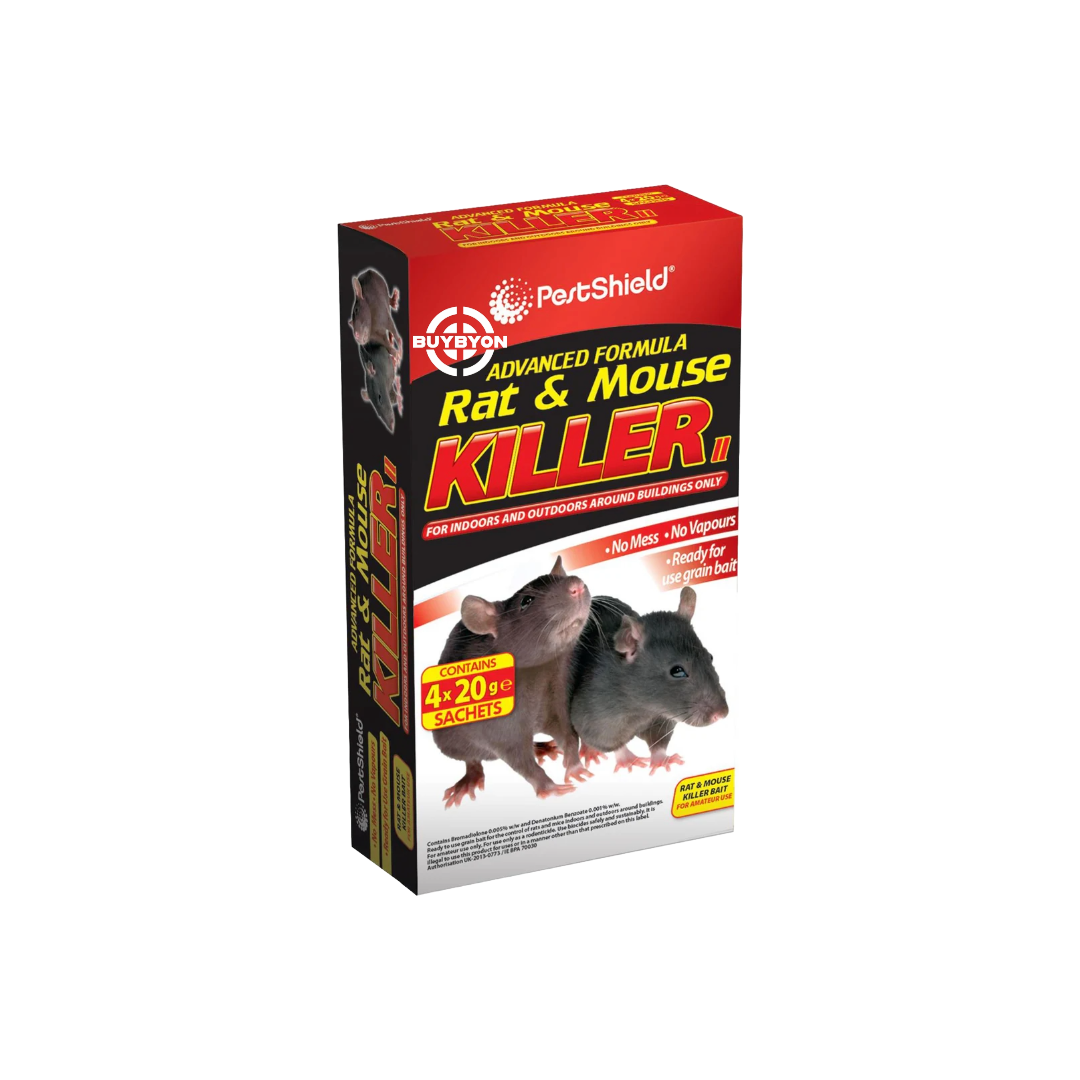 Pestshield Rat and Mouse Killer - 4 x 20g pack, featuring bait stations designed for effective rodent control both indoors and outdoors.