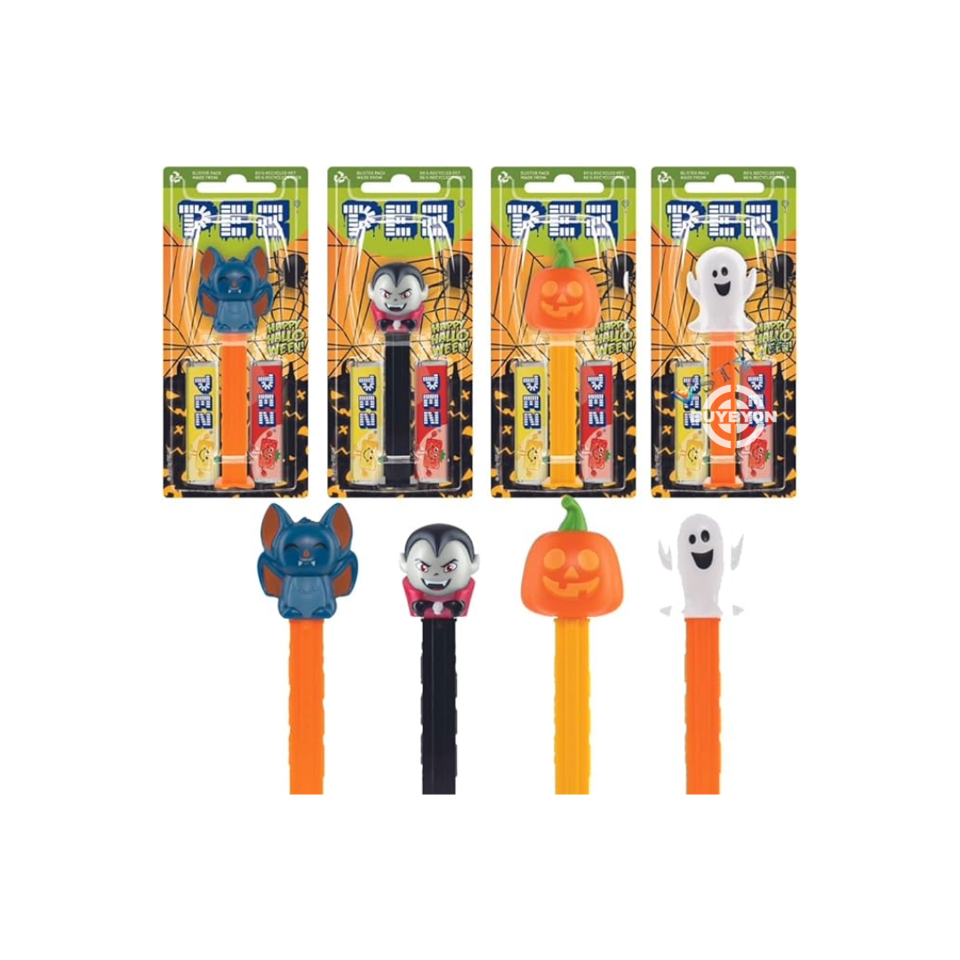 Pez Halloween 1+2 Impulse Packs – 17g featuring Vampire, Ghost, Bat, and Pumpkin-themed dispensers with fruity PEZ candy, perfect for Halloween fun and treats.