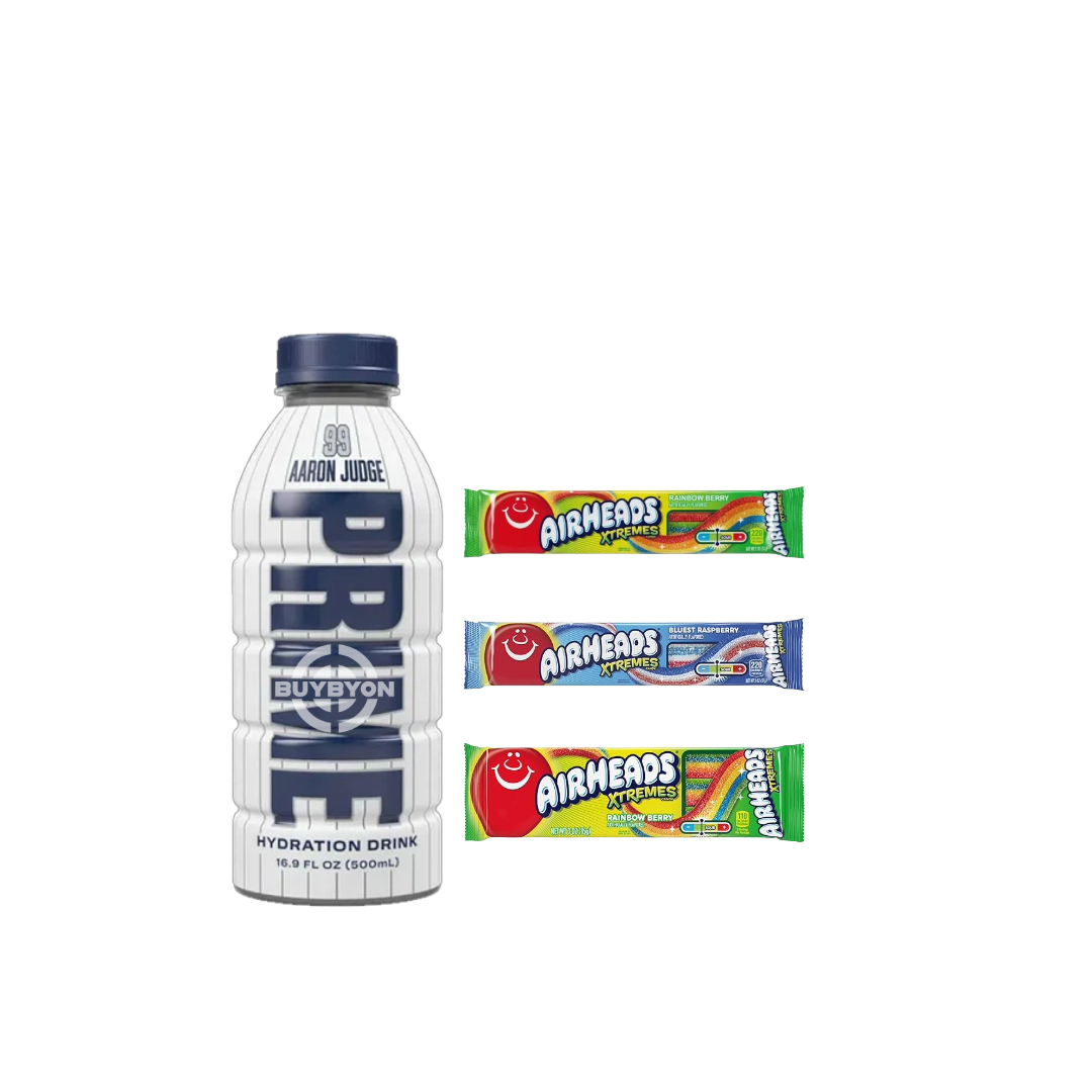 A 500ml Prime Hydration Aaron Judge White Bottle displayed alongside various Airheads Xtremes candies, including Blue Raspberry Belts, Rainbow Berry Belts, and Sour Belts, showcasing the exclusive sports-themed hydration bottle and vibrant, tangy candy treats.