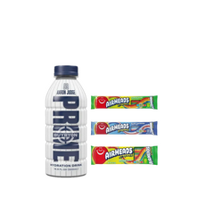 A 500ml Prime Hydration Aaron Judge White Bottle displayed alongside various Airheads Xtremes candies, including Blue Raspberry Belts, Rainbow Berry Belts, and Sour Belts, showcasing the exclusive sports-themed hydration bottle and vibrant, tangy candy treats.