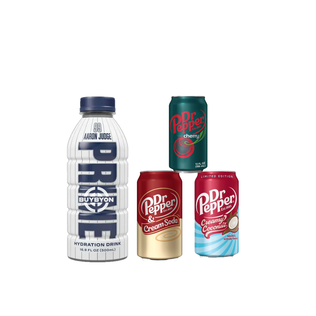 A 500ml Prime Hydration Aaron Judge White Bottle displayed alongside various Dr Pepper beverages, including Cherry, Cream Soda, and Creamy Coconut, showcasing the exclusive sports-themed hydration bottle and a diverse selection of refreshing Dr Pepper drinks.