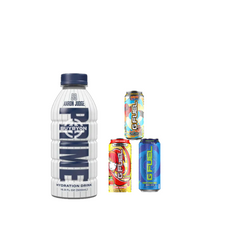 A 500ml Prime Hydration Aaron Judge White Bottle displayed alongside G Fuel zero sugar energy drinks, including Sour Chug Rug, Sour Power, and Sage Mode, featuring the exclusive Aaron Judge design and a range of energizing G Fuel flavors.