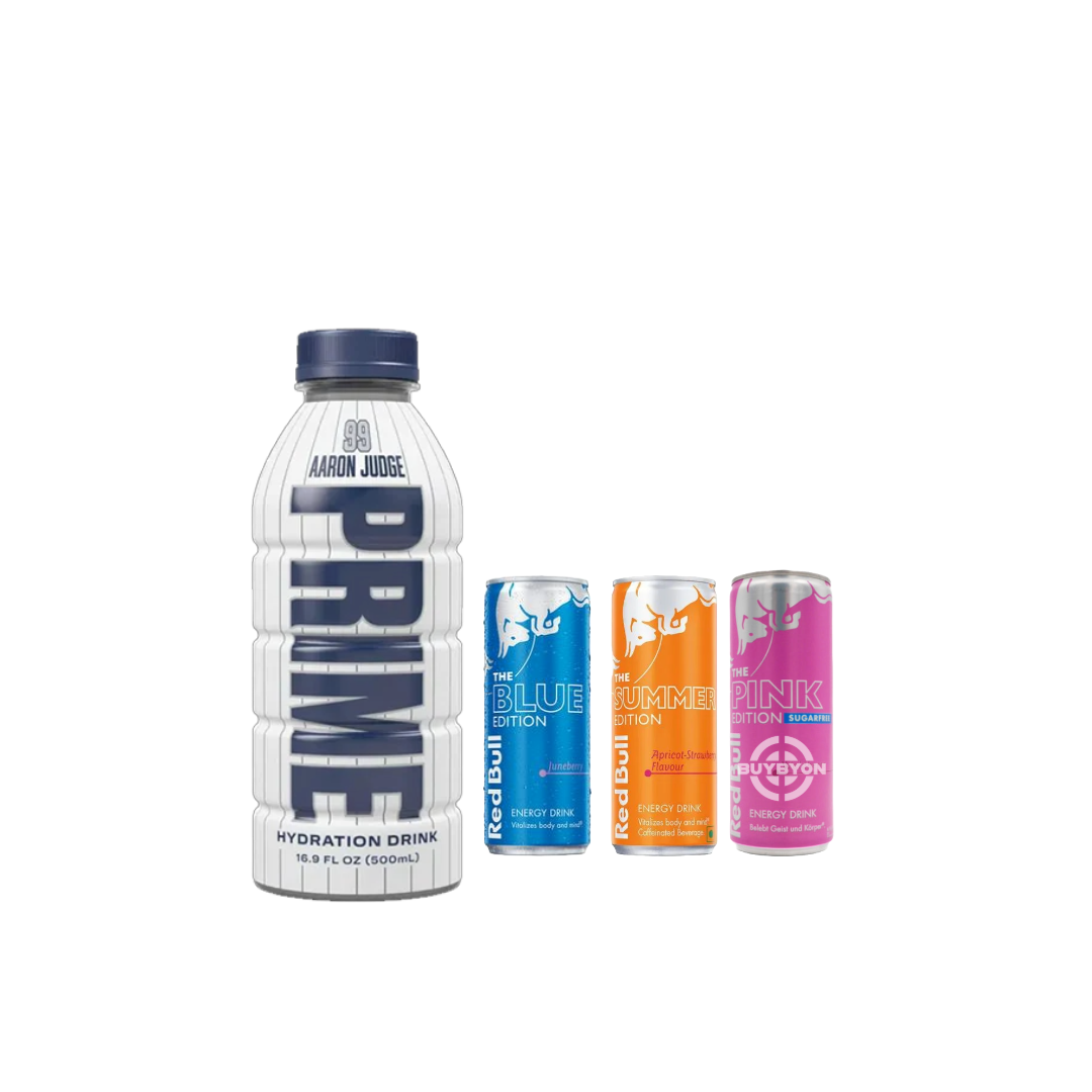 A 500ml Prime Hydration Aaron Judge White Bottle displayed alongside Red Bull Energy Drink Apricot Edition, Red Bull Energy Drink Juneberry Blue Edition, and Red Bull Energy Drink Pink Edition Sugar Free, featuring the exclusive Aaron Judge design and vibrant, energizing Red Bull flavors.