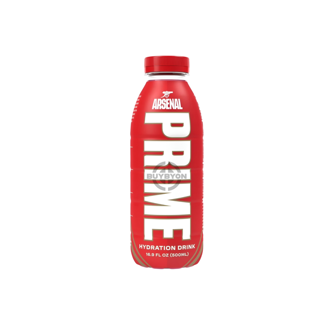 Prime Hydration Arsenal - 500ml bottle, featuring limited edition Arsenal-themed packaging. Ideal for hydration and energy replenishment, available across the UK at Buybyon.
