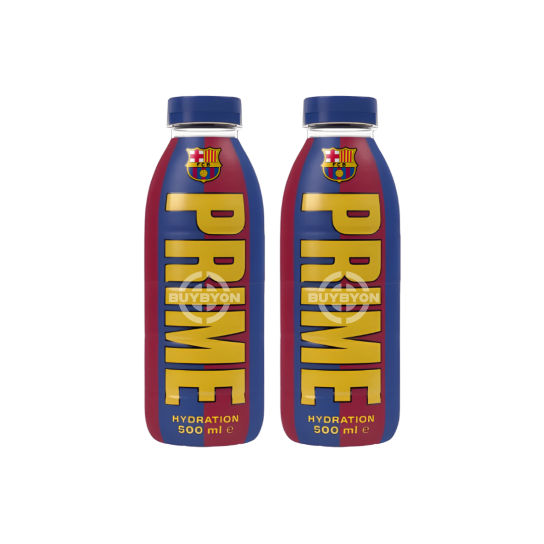 Prime Hydration FC Barcelona Limited Edition Twin Pack, featuring two 500ml bottles with electrolyte-packed drinks and zero sugar. Available at Buybyon UK for fans and athletes