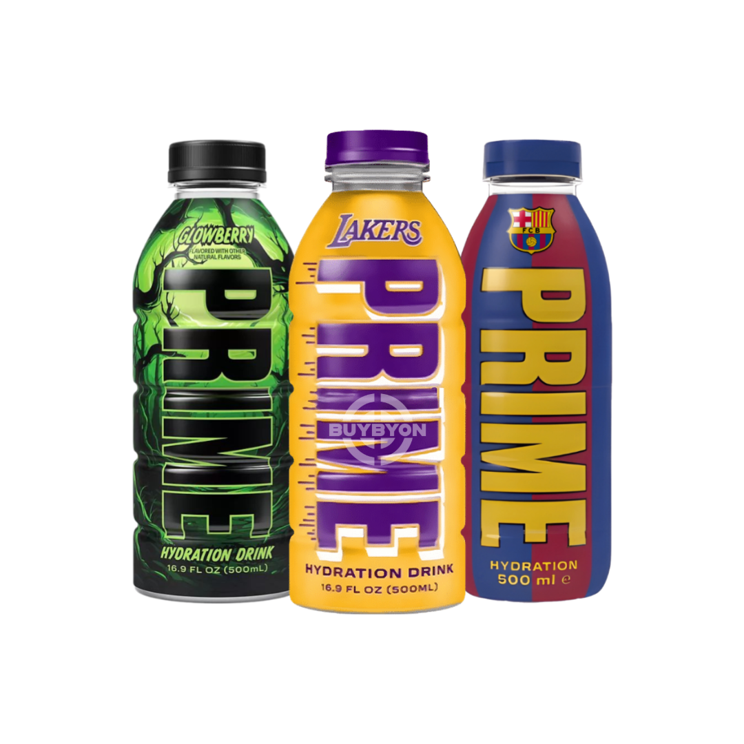 Prime Hydration Glowberry V2, FC Barcelona Limited Edition, and LA Lakers 500ml bundle, featuring electrolyte-packed drinks with zero sugar. Available at Buybyon UK for athletes, fans, and collectors.