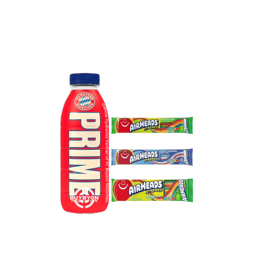 A 500ml Prime Hydration FC Bayern Munich Bottle displayed alongside various Airheads Xtremes candies, including Sweetly Sour Belts and Rainbow Berry flavors, showcasing the exclusive football-themed hydration bottle and vibrant, tangy candy treats.