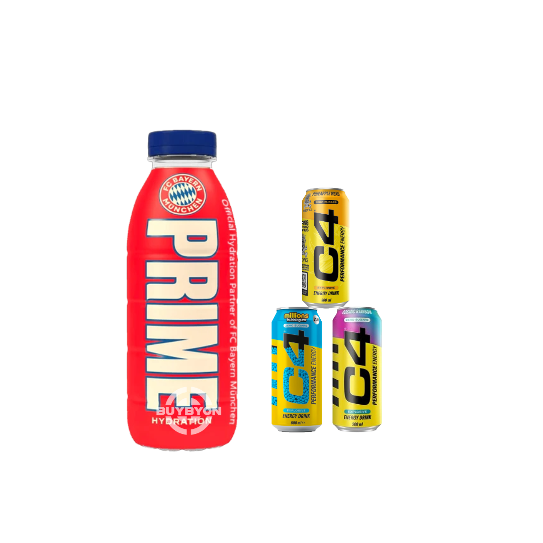 A 500ml Prime Hydration FC Bayern Munich Bottle displayed alongside C4 Performance Energy drinks, featuring the exclusive FC Bayern Munich design and vibrant C4 Performance Energy flavors.