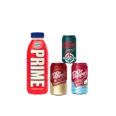 A 500ml Prime Hydration FC Bayern Munich Bottle displayed alongside various Dr Pepper beverages, including Cherry, Cream Soda, and Creamy Coconut, showcasing the exclusive football-themed hydration bottle and a diverse selection of refreshing Dr Pepper drinks.