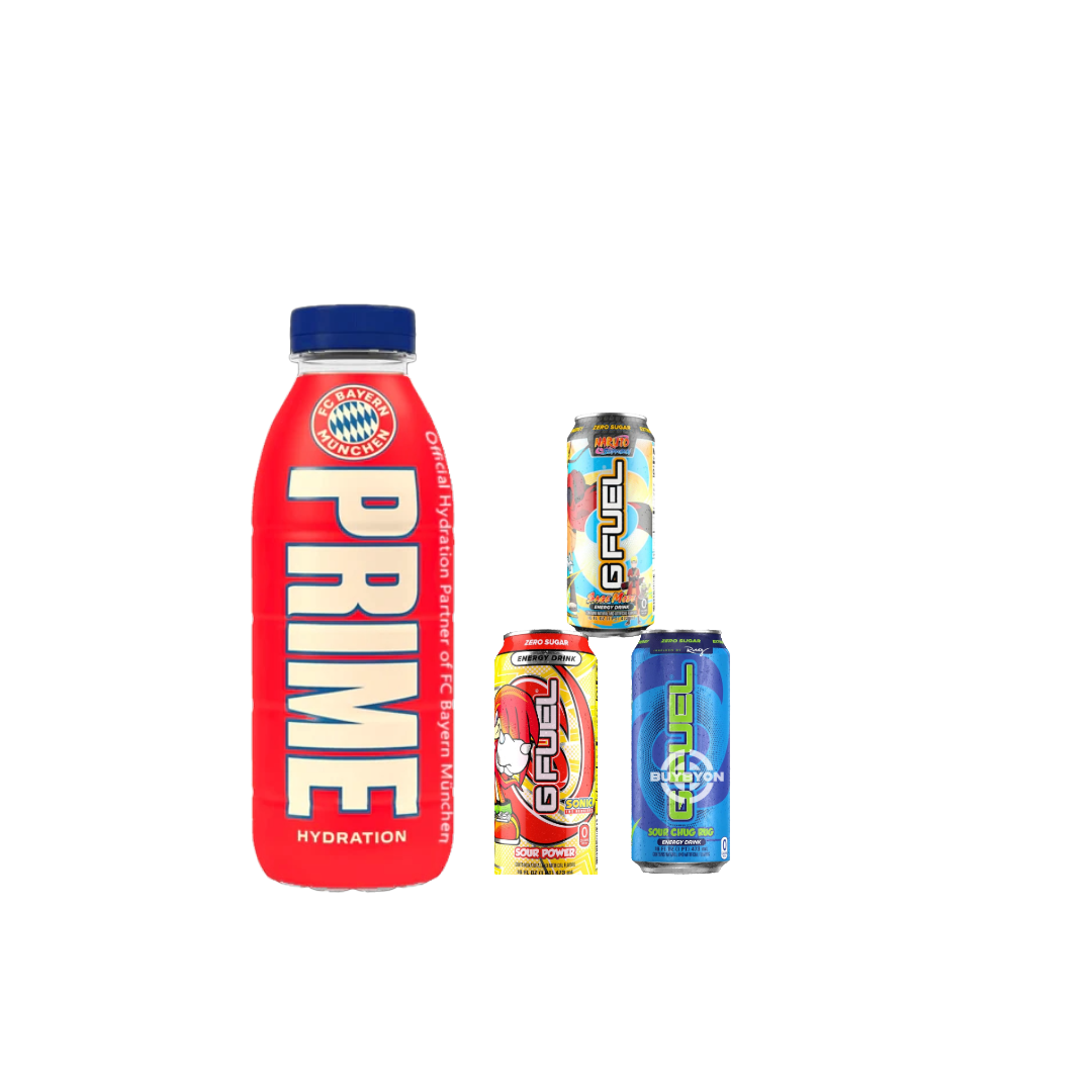 A 500ml Prime Hydration FC Bayern Munich Bottle displayed alongside G Fuel zero sugar energy drinks, including Sour Chug Rug, Sour Power, and Sage Mode, featuring the exclusive FC Bayern Munich design and a range of energizing G Fuel flavors.