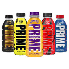 Prime Hydration Fan Favourites Bundle featuring limited edition 500ml bottles from WWE, UFC 300, LA Lakers, LA Dodgers, and La Velada Del Año. Packed with electrolytes and zero sugar, available at Buybyon UK.