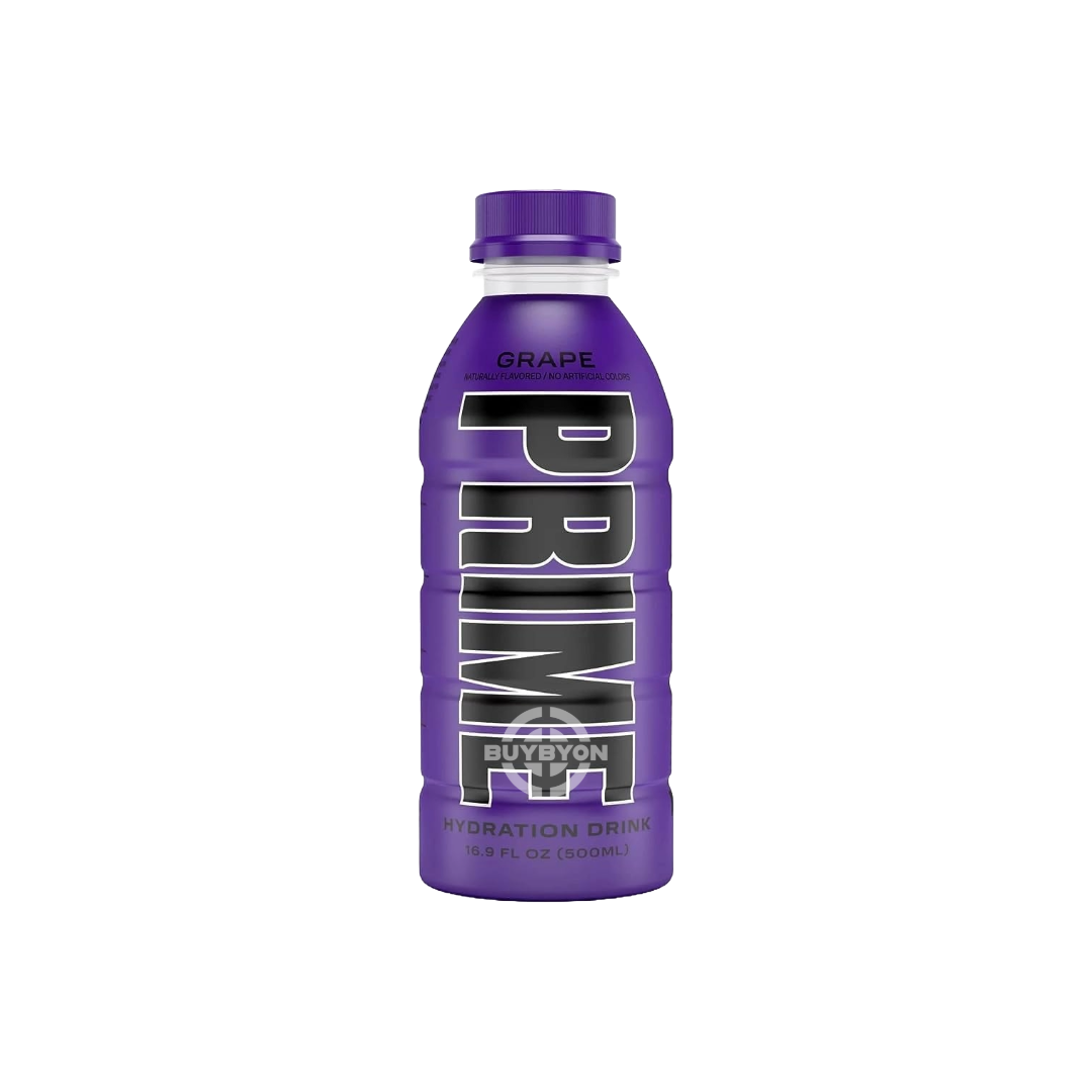 Prime Hydration Grape - 500ml bottle, featuring a refreshing grape-flavoured sports drink for optimal hydration. Available across the UK at Buybyon.