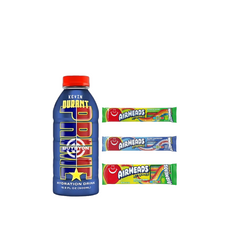 A 500ml Prime Hydration Kevin Durant Bottle displayed alongside various Airheads Xtremes candies, including Sweetly Sour Belts and Rainbow Berry flavors, showcasing the exclusive sports-themed hydration bottle and vibrant, tangy candy treats.