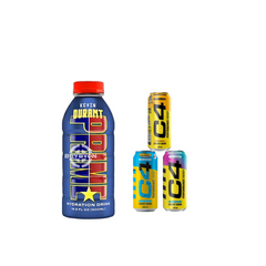 A 500ml Prime Hydration Kevin Durant Bottle displayed alongside C4 Performance Energy drinks, featuring the exclusive Kevin Durant design and vibrant, energizing C4 Performance Energy flavors.