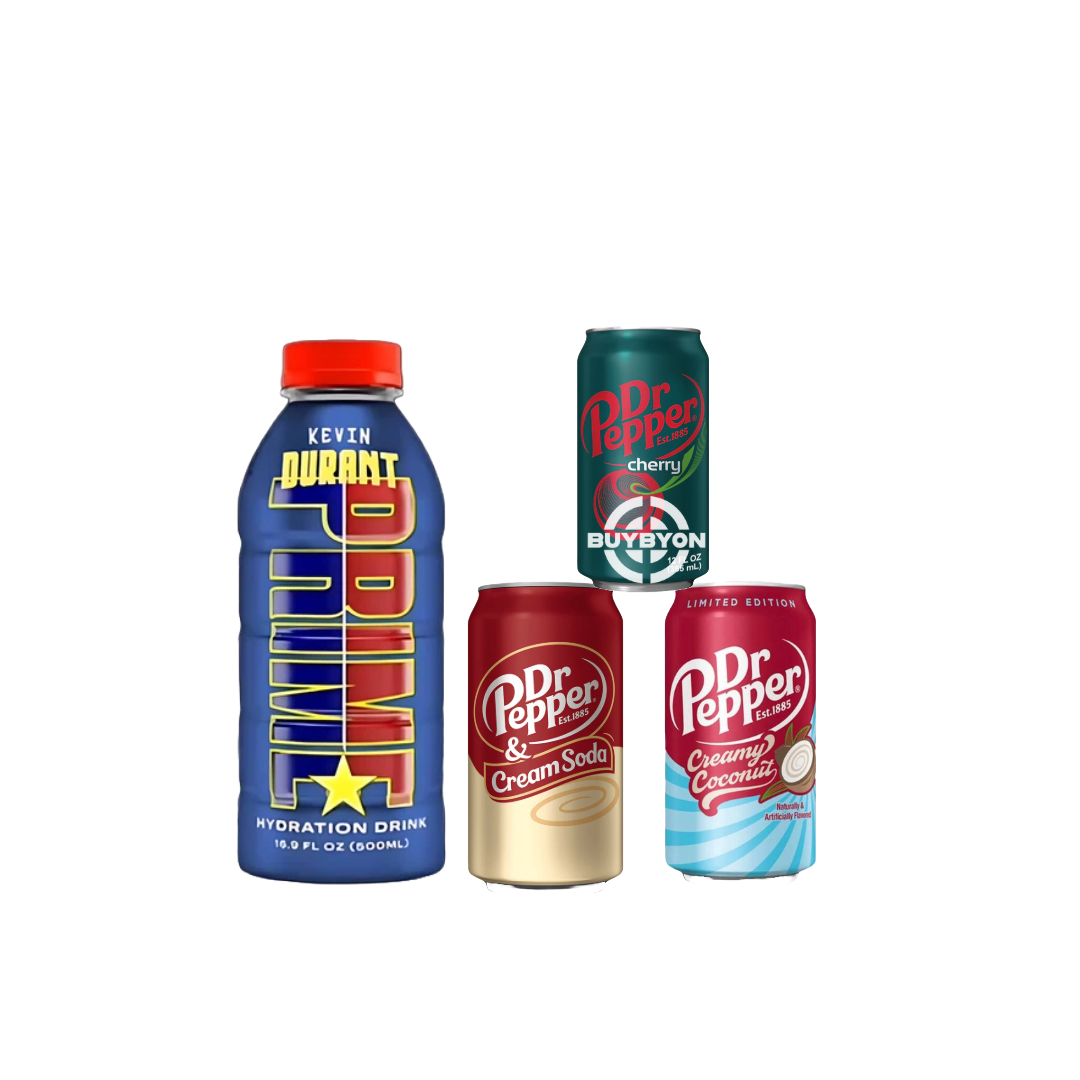 A 500ml Prime Hydration Kevin Durant Bottle displayed alongside various Dr Pepper beverages, including Cherry, Cream Soda, and Creamy Coconut, showcasing the exclusive Kevin Durant-themed hydration bottle and a diverse selection of refreshing Dr Pepper drinks.