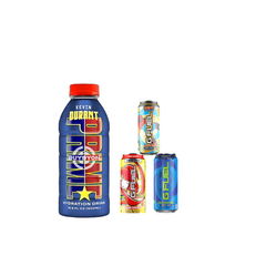 A 500ml Prime Hydration Kevin Durant Bottle displayed alongside G Fuel zero sugar energy drinks, including Sour Chug Rug, Sour Power, and Sage Mode, featuring the exclusive Kevin Durant design and a range of energizing G Fuel flavors.