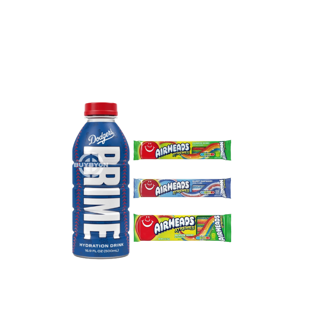 Prime Hydration LA Dodgers V2 Limited Edition bottle next to a pack of Airheads Xtremes candy, highlighting the collectible sports-themed bottle and the tangy candy treat in this exclusive bundle.