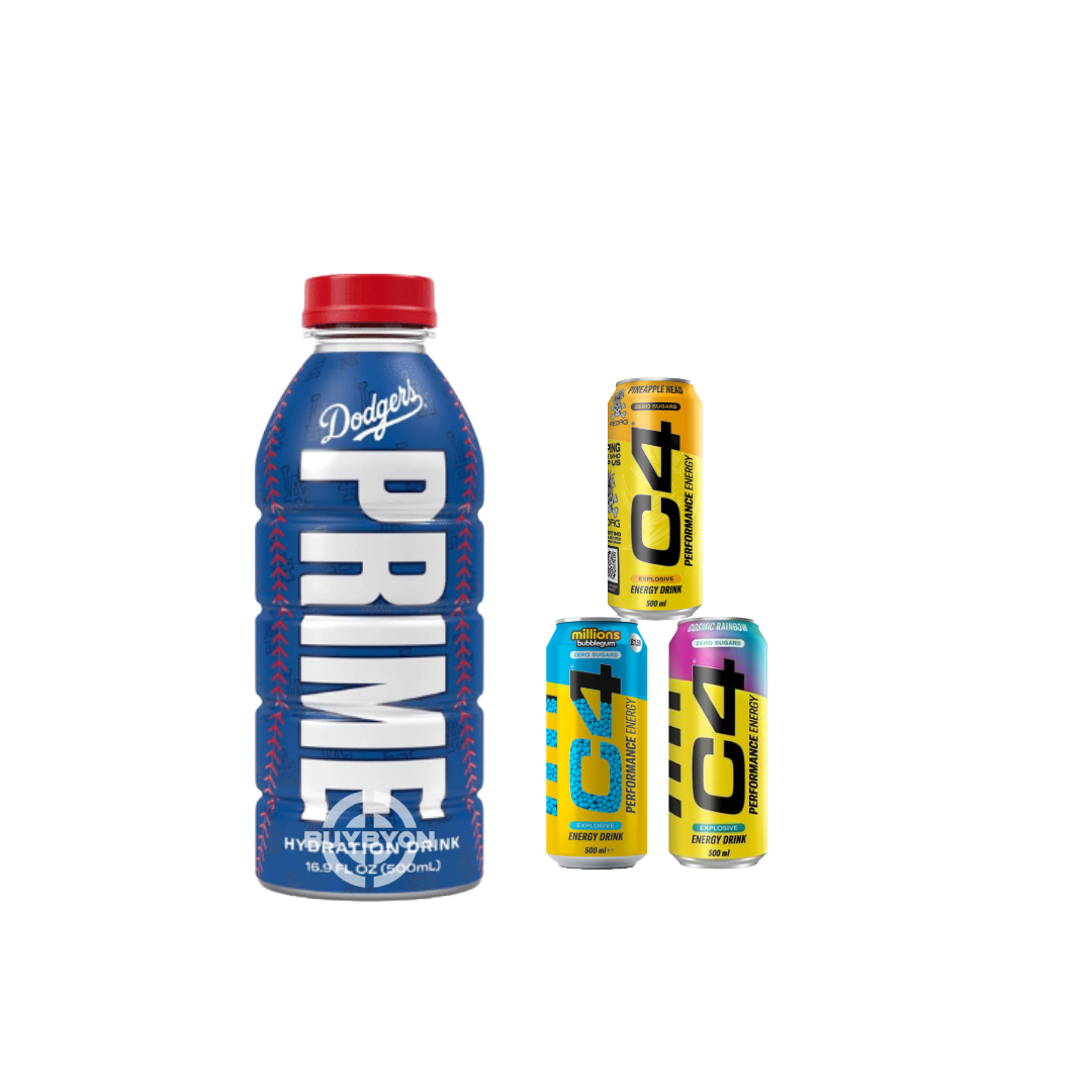 Prime Hydration LA Dodgers V2 Limited Edition bottle next to a pack of C4 Performance Energy drinks, showcasing the collectible LA Dodgers design and the powerful energy boost offered by the C4 Performance Energy.