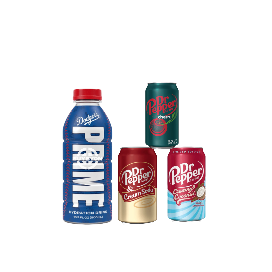 Prime Hydration LA Dodgers V2 Limited Edition bottle displayed alongside a can of Dr Pepper, showcasing the exclusive sports-themed hydration bottle and the iconic, flavourful soft drink in this unique bundle.