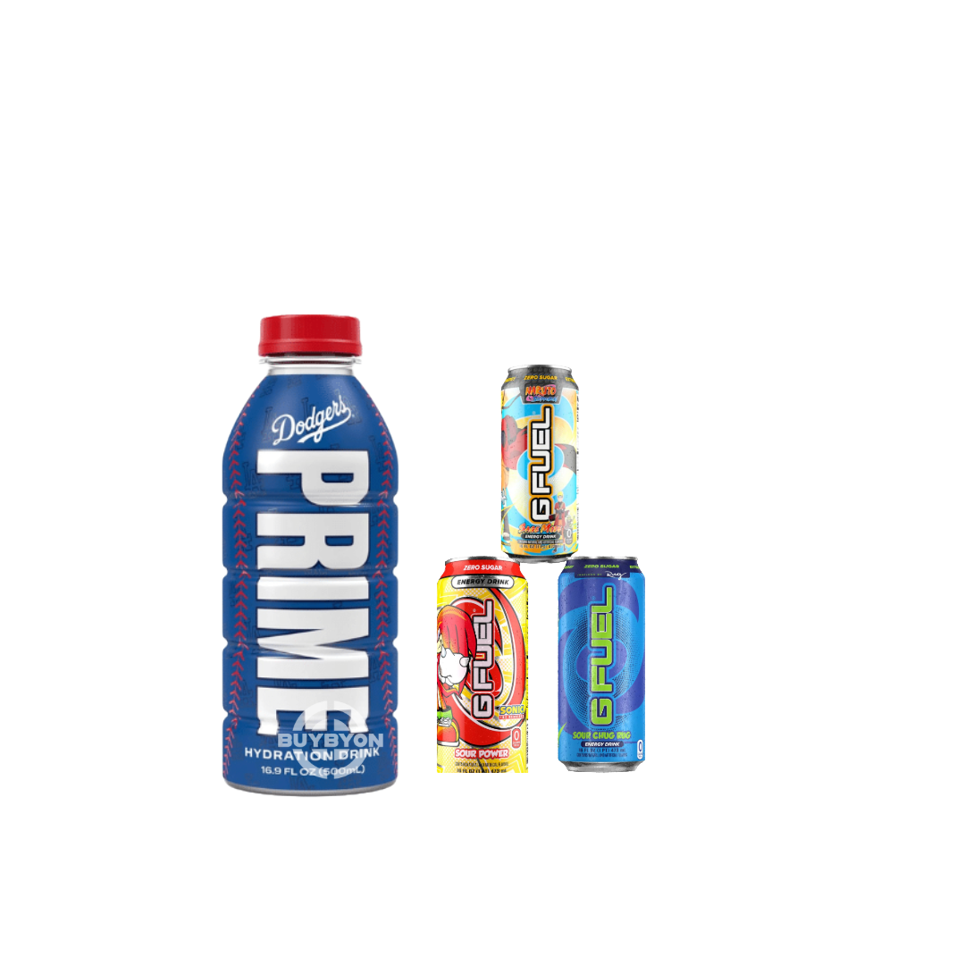 A 500ml bottle of Prime Hydration LA Dodgers V2 Limited Edition displayed alongside G Fuel energy powder tubs, showcasing the exclusive sports-themed bottle and the range of energising G Fuel flavours in this dynamic bundle.