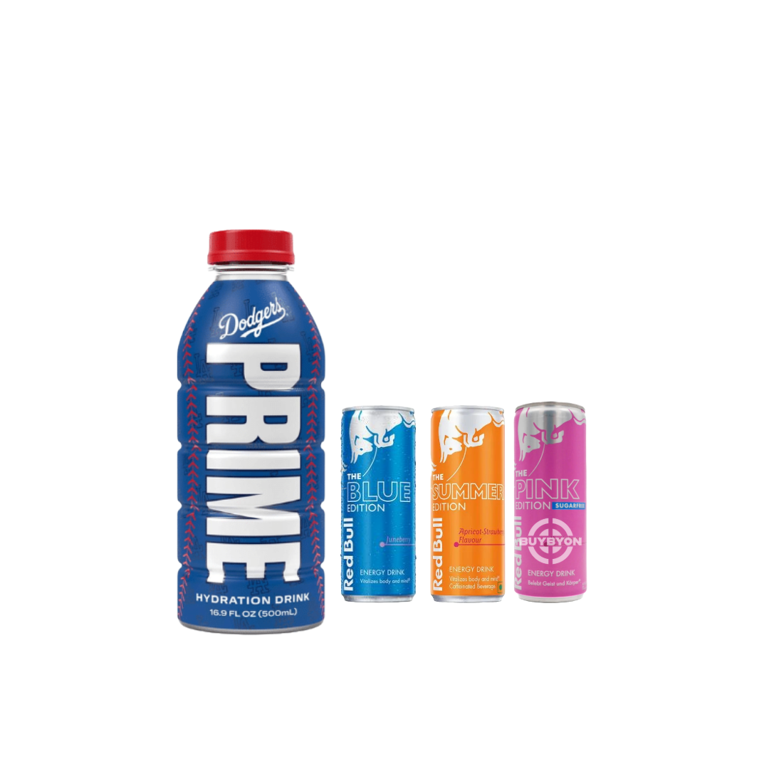 Prime Hydration LA Dodgers V2 Limited Edition bottle alongside a can of Red Bull, showcasing the collectible sports-themed bottle and the energising Redbull in this exclusive bundle.