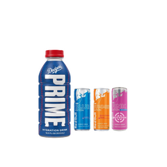 Prime Hydration LA Dodgers V2 Limited Edition bottle alongside a can of Red Bull, showcasing the collectible sports-themed bottle and the energising Redbull in this exclusive bundle.