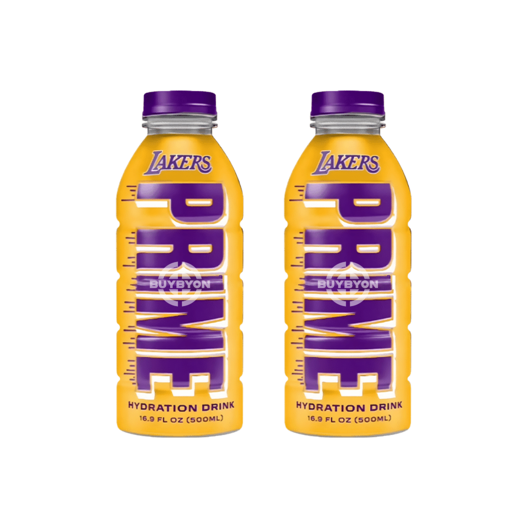 Prime Hydration LA Lakers 500ml Twin Pack, featuring two bottles of electrolyte-rich, zero sugar hydration drink, perfect for fans and athletes. Available in the UK at Buybyon.