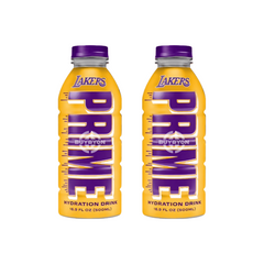 Prime Hydration LA Lakers 500ml Twin Pack, featuring two bottles of electrolyte-rich, zero sugar hydration drink, perfect for fans and athletes. Available in the UK at Buybyon.