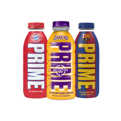 Prime Hydration LA Lakers x FC Barcelona x FC Bayern Munich limited edition bundle, featuring 500ml bottles packed with electrolytes and zero sugar. Available at Buybyon UK for athletes and sports fans.