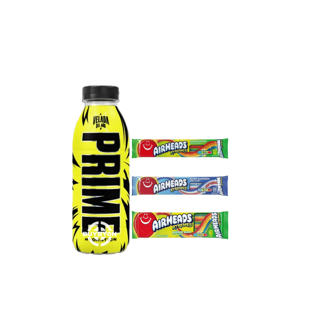 A 500ml Prime Hydration La Velada Del Año Bottle displayed alongside various Airheads Xtremes candies, including Sweetly Sour Belts and Rainbow Berry flavors, showcasing the exclusive event-themed hydration bottle and vibrant, tangy candy treats.