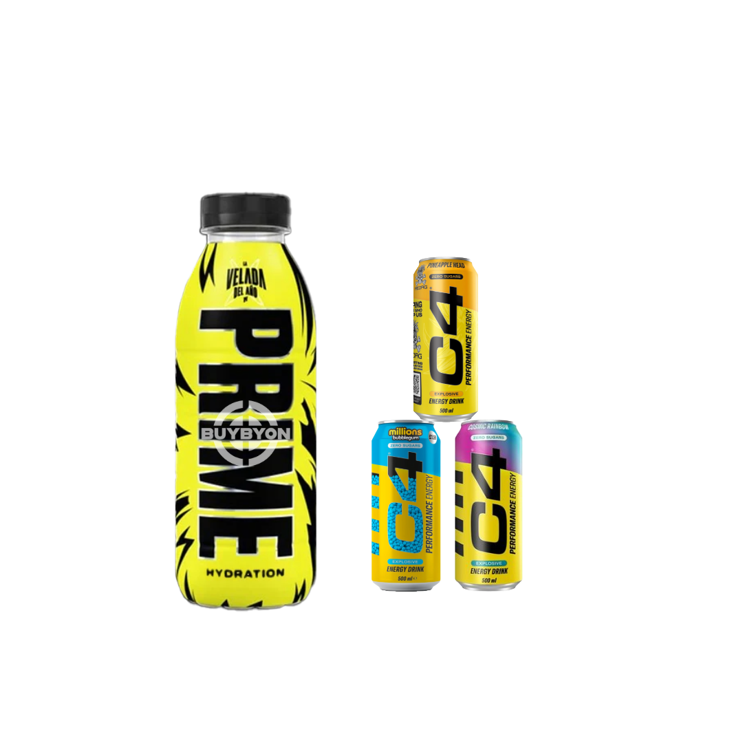 A 500ml Prime Hydration La Velada Del Ano Bottle displayed alongside C4 Performance Energy drinks, showcasing the exclusive La Velada Del Ano design and vibrant C4 Performance Energy flavors.