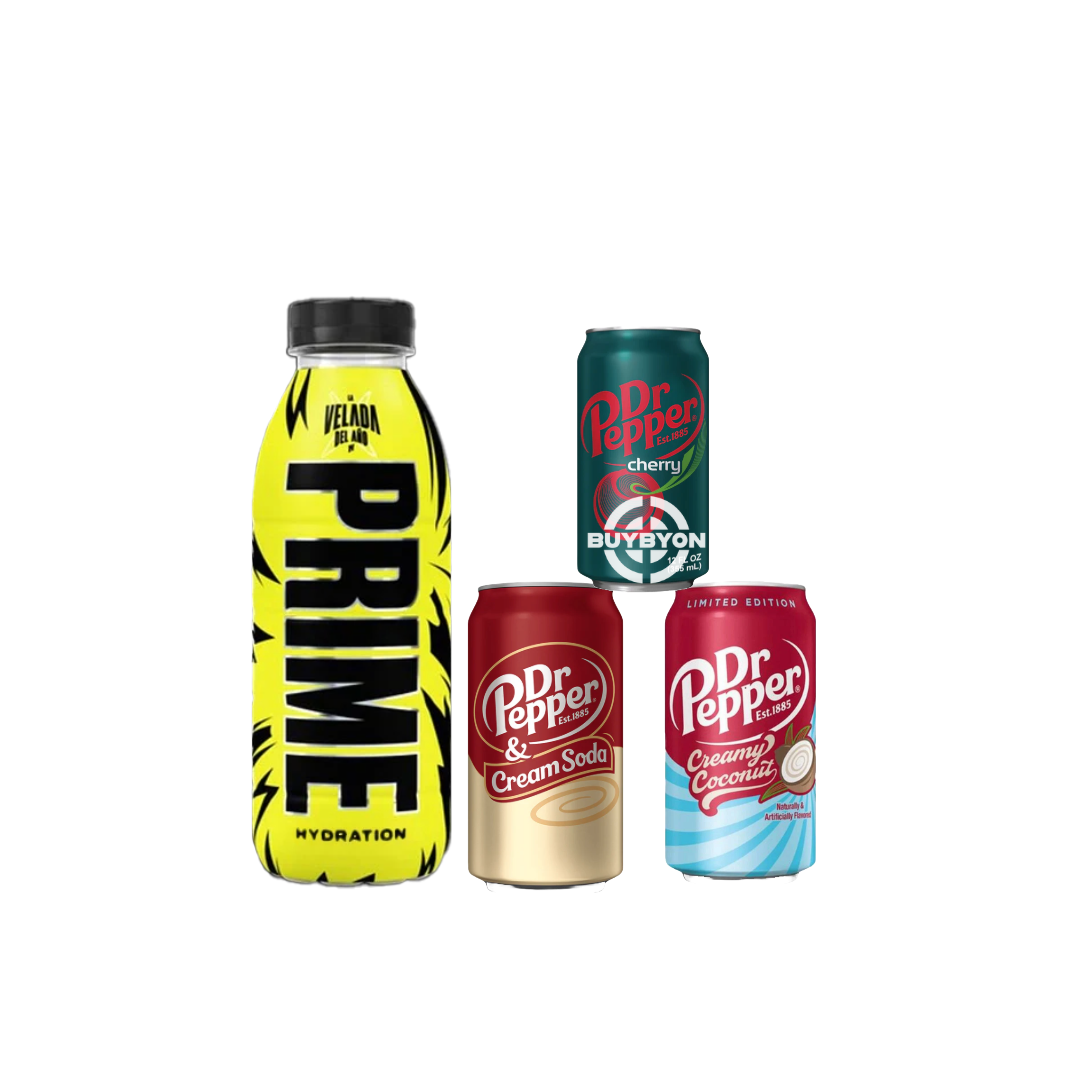 A 500ml Prime Hydration La Velada Del Año Bottle displayed alongside various Dr Pepper beverages, including Cherry, Cream Soda, and Creamy Coconut, showcasing the exclusive event-themed hydration bottle and a diverse selection of refreshing Dr Pepper drinks.