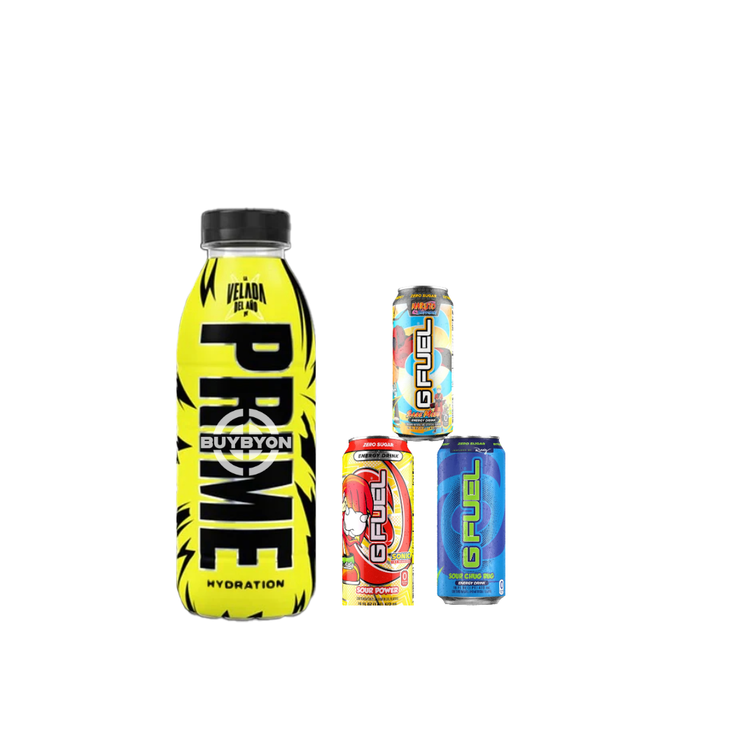 A 500ml Prime Hydration La Velada Del Ano Bottle displayed alongside G Fuel zero sugar energy drinks, including Sour Chug Rug, Sour Power, and Sage Mode, featuring the exclusive La Velada Del Ano design and a range of energizing G Fuel flavors.