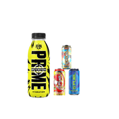 A 500ml Prime Hydration La Velada Del Ano Bottle displayed alongside G Fuel zero sugar energy drinks, including Sour Chug Rug, Sour Power, and Sage Mode, featuring the exclusive La Velada Del Ano design and a range of energizing G Fuel flavors.