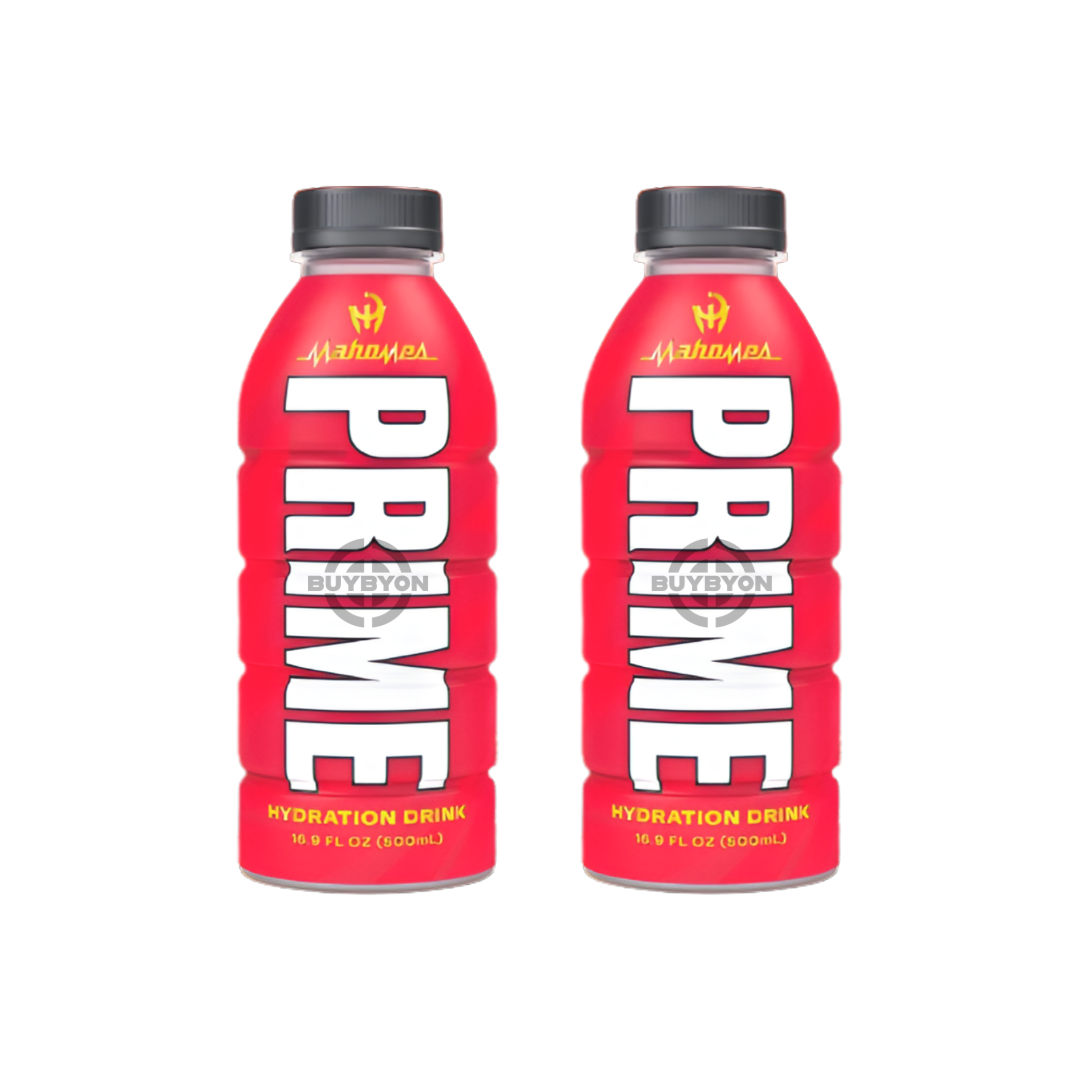 Prime Hydration Patrick Mahomes 500ml Twin Pack featuring two bottles of electrolyte-rich, zero sugar hydration drink for optimal performance and energy boosts.