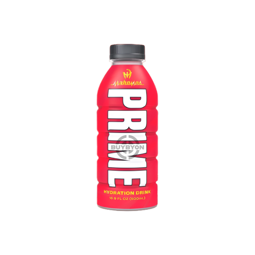 Prime Hydration Patrick Mahomes Limited Edition 500ml bottle, packed with electrolytes and vitamins, available for purchase across the UK at Buybyon.