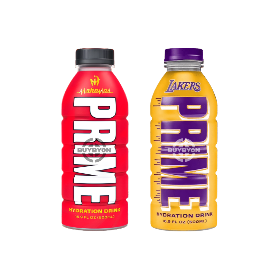 Prime Hydration Patrick Mahomes and LA Lakers limited edition bundle, featuring electrolyte-rich, zero sugar drinks. Available at Buybyon in the UK for athletes and sports fans alike.